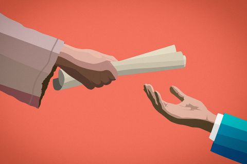 Graphic of the arm of someone dressed in ancient clothing handing a scroll to someone dressed in a modern suit to illustrate the article 